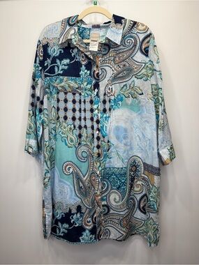 Chico's 100% Cotton Blue and Teal Paisley Patchwork Button-Down Shirt